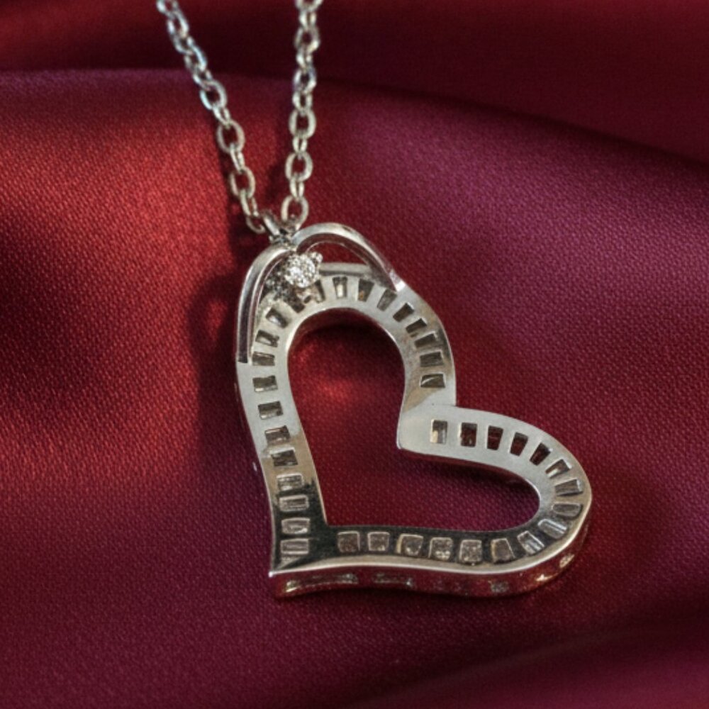 Open Heart Simulated Baguette Moissanite Silver Pendant Necklace NWOT - Picture 5 of 9